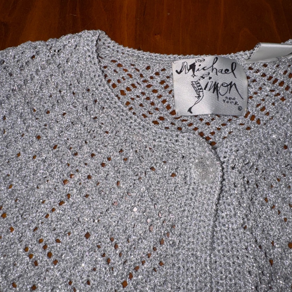 Vintage 1997 Michael Simon Silver Metallic Crochet Knit Cardigan Sweater Small